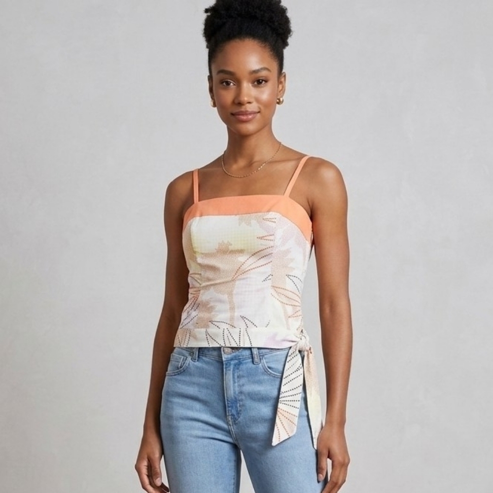 Líquid Elegant Women's Top with Orange and Cream Design 100% Cotton Xs